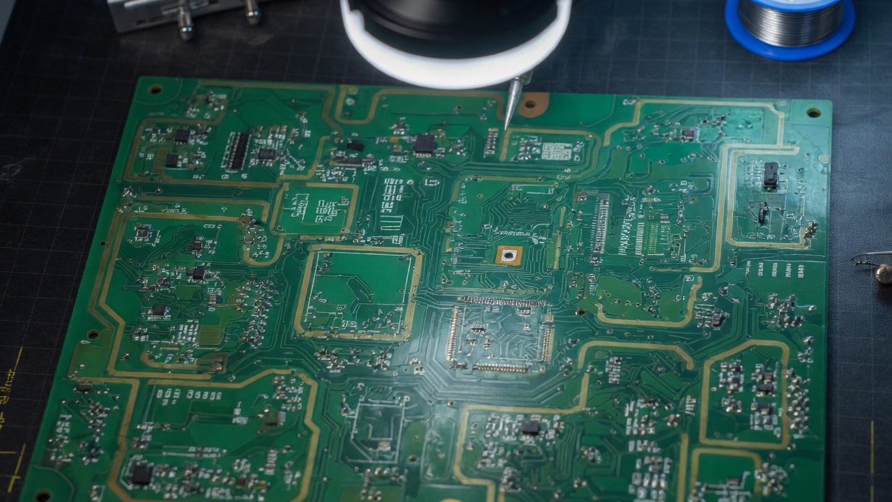 Close-up of a multilayer green PCB under inspection light