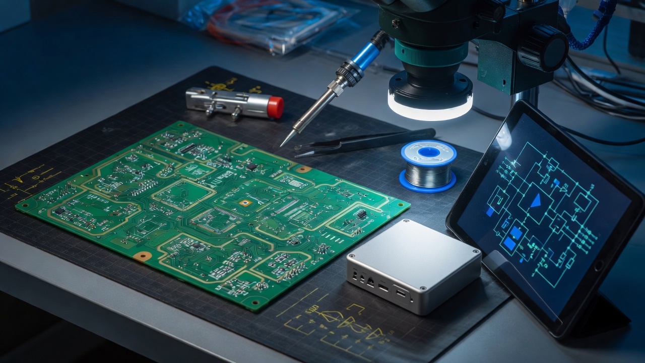 Assembled hardware prototype beside a PCB