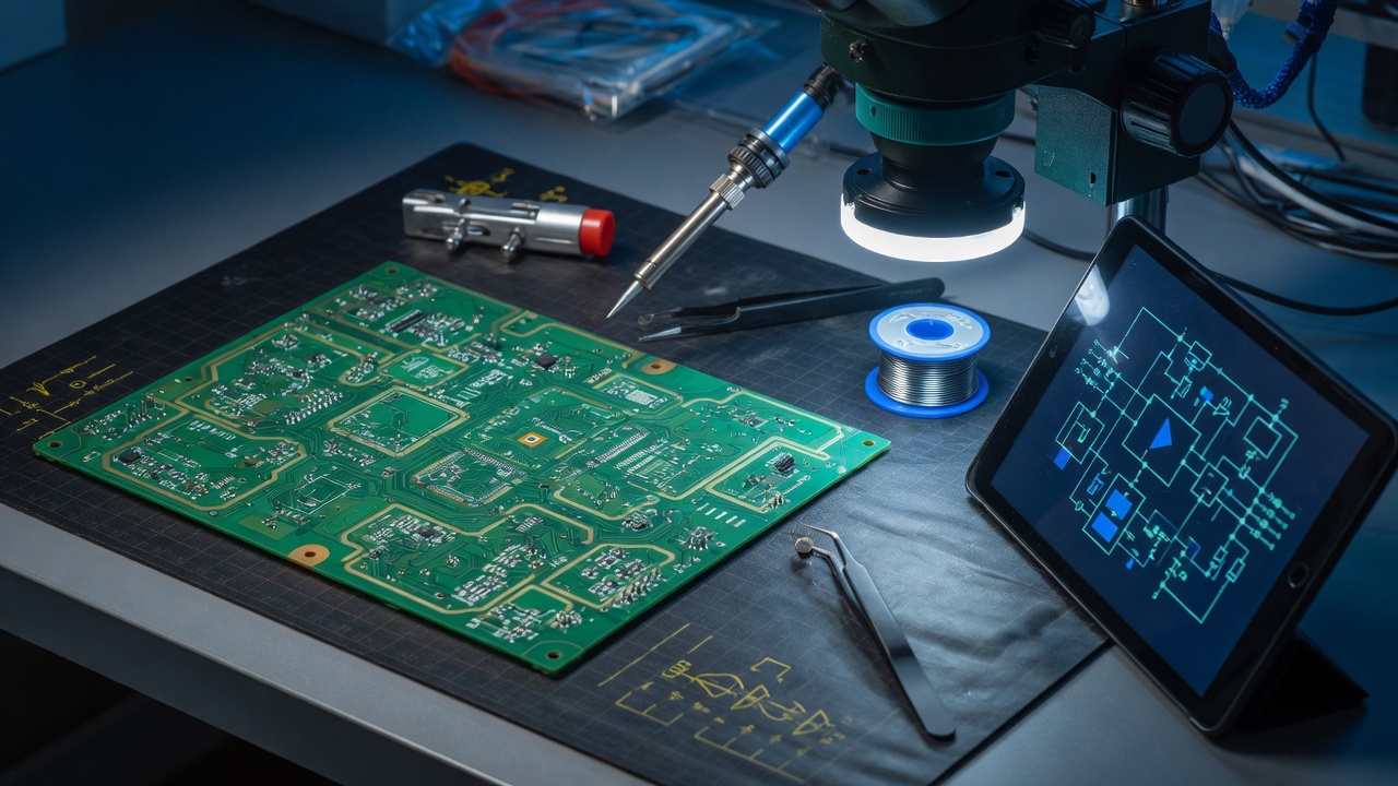 PCB on an electronics bench with microscope and schematic