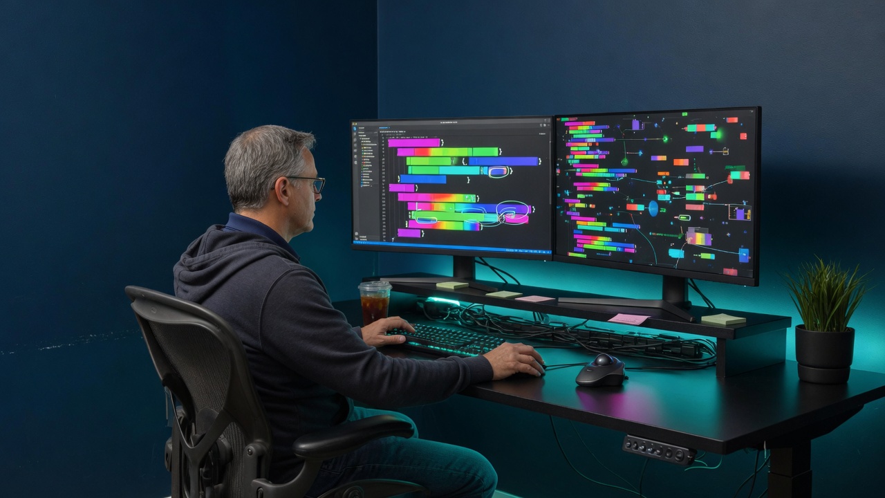 Engineer writing software at dual monitors