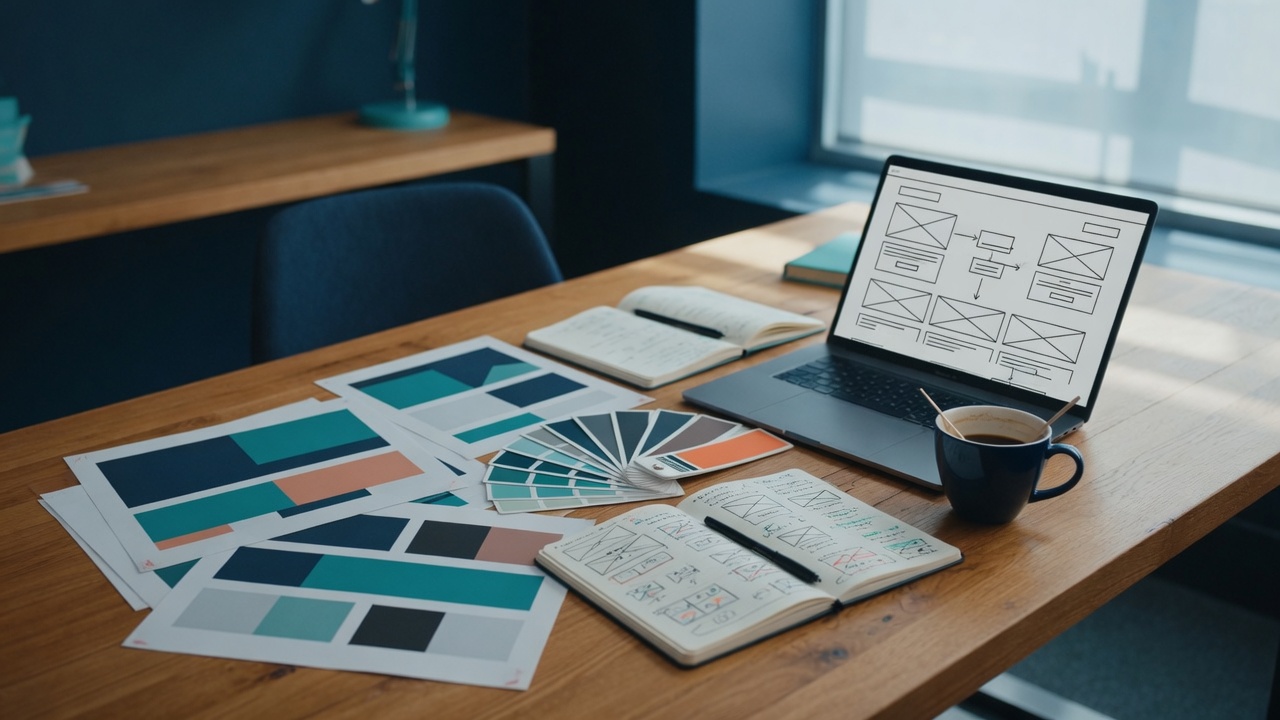 Campaign layouts, color palettes, and a landing-page wireframe on a studio desk